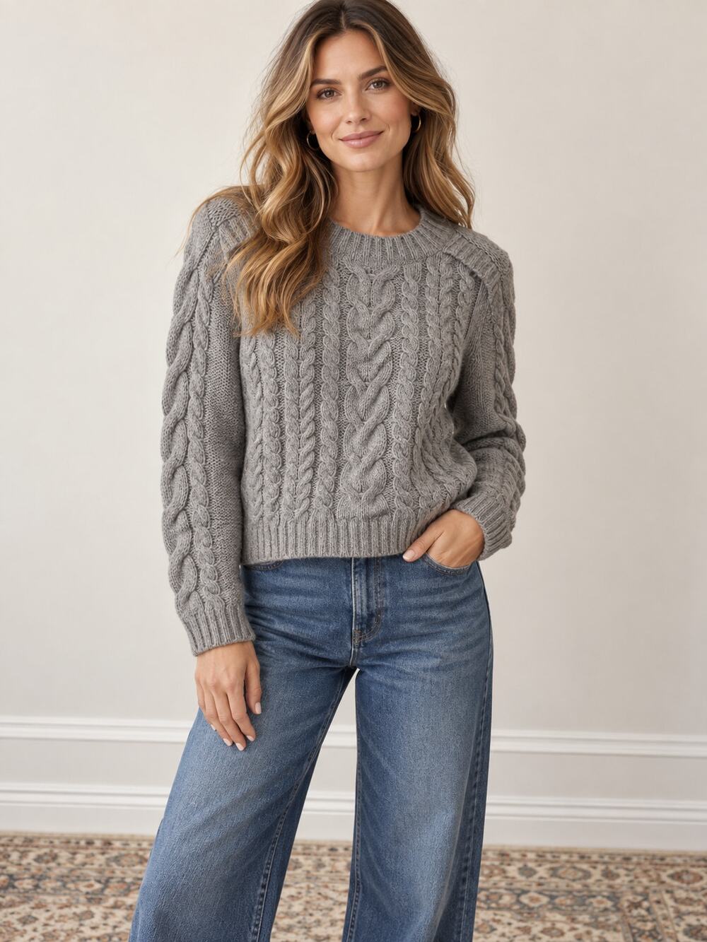 Magaschoni Women’s SZ L Cashmere Cable Knit Sweater Heather Gray